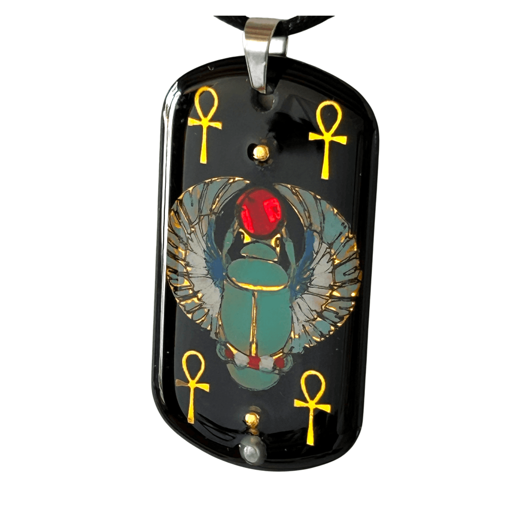 Pendente egizio Scarabeo alato con simboli Ankh - dipinto a mano | Talismano di rinascita rjthw8-is