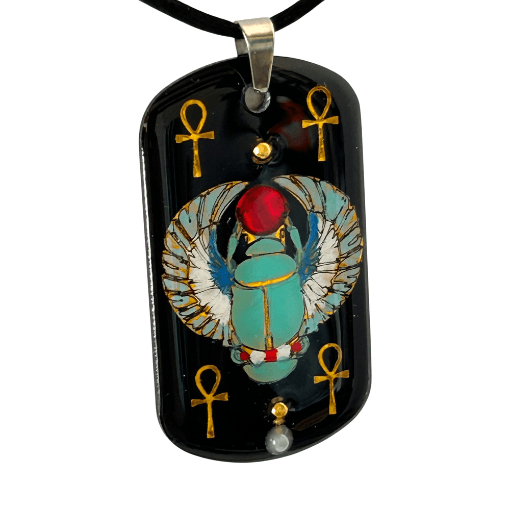 Pendente egizio Scarabeo alato con simboli Ankh - dipinto a mano | Talismano di rinascita rjthw8-is