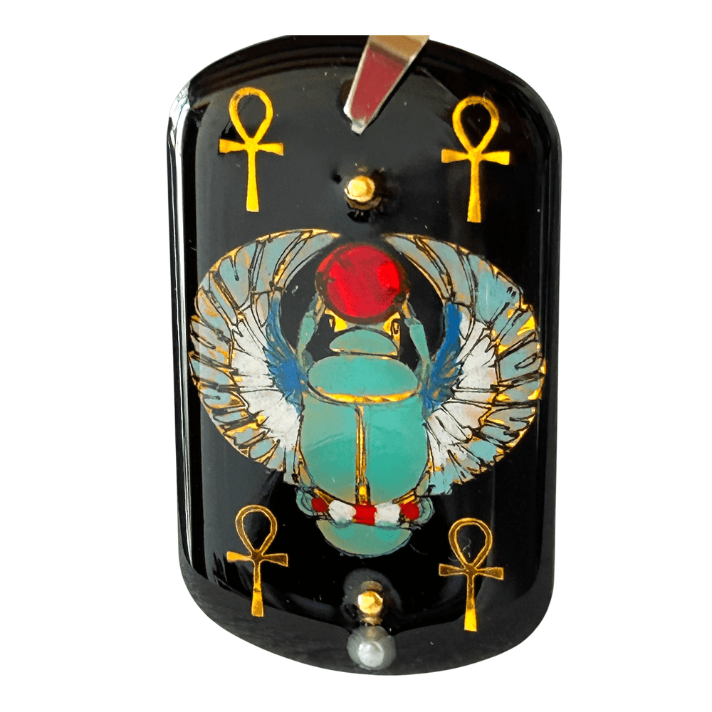 Pendente egizio Scarabeo alato con simboli Ankh - dipinto a mano | Talismano di rinascita rjthw8-is